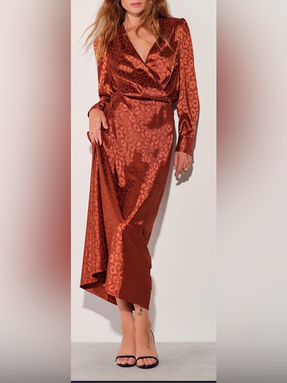 Copper Satin Leopard-Print Wrap Maxi Dress with Long Sleeves